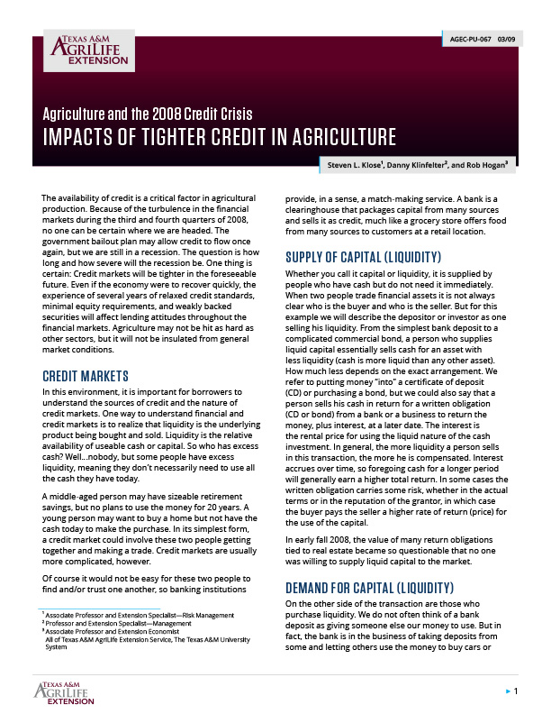 Impacts of Tighter Credit in Agriculture | Publications | AgriLife Learn