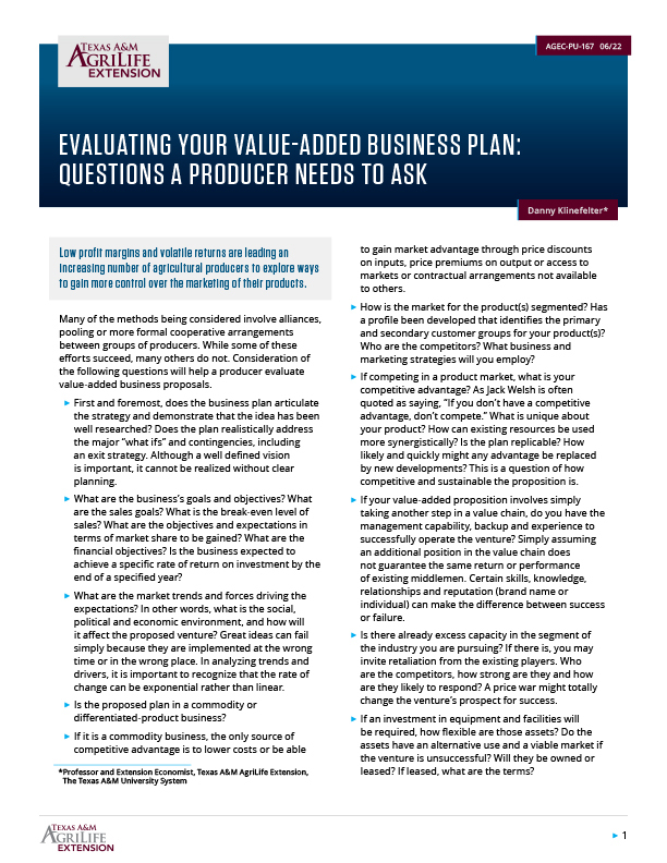 Evaluating Your ValueAdded Business Plan Questions a Producer Needs