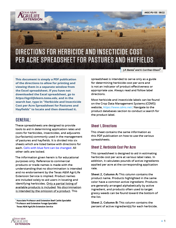 Directions for Herbicide and Insecticide Cost Per Acre Spreadsheet for