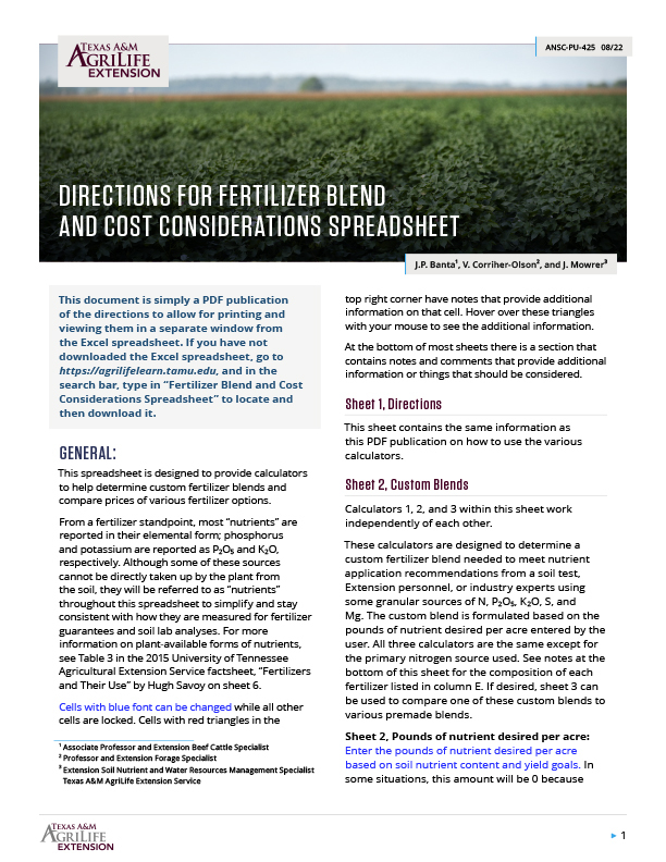 Directions for Fertilizer Blend and Cost Considerations Spreadsheet