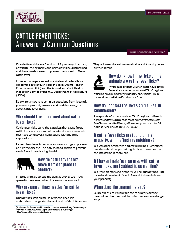 Cattle Fever Ticks Answers to Common Questions Publications