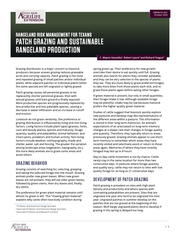 Rangeland Risk Management for Texans: Patch Grazing and Sustainable ...