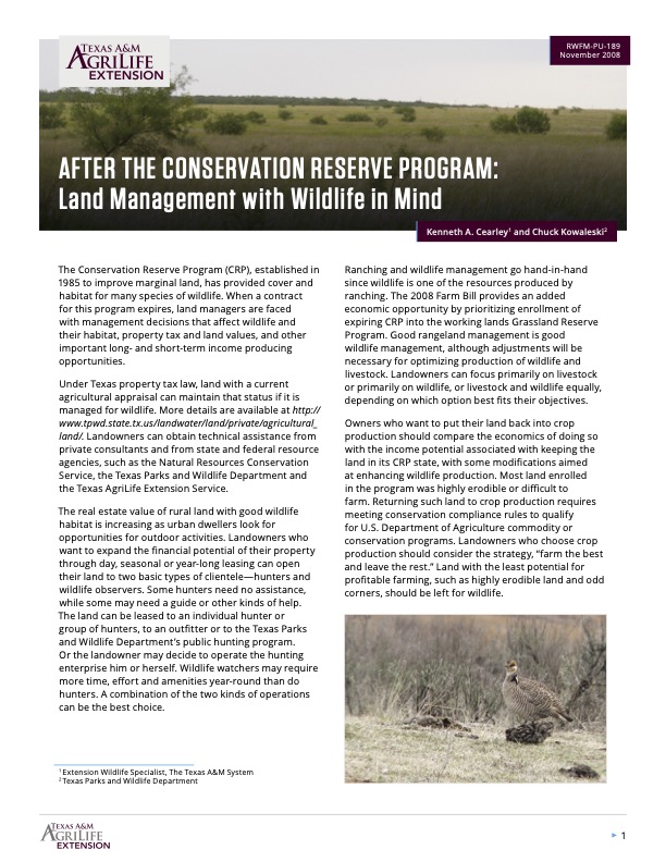After the Conservation Reserve Program: Land Management with Wildlife ...
