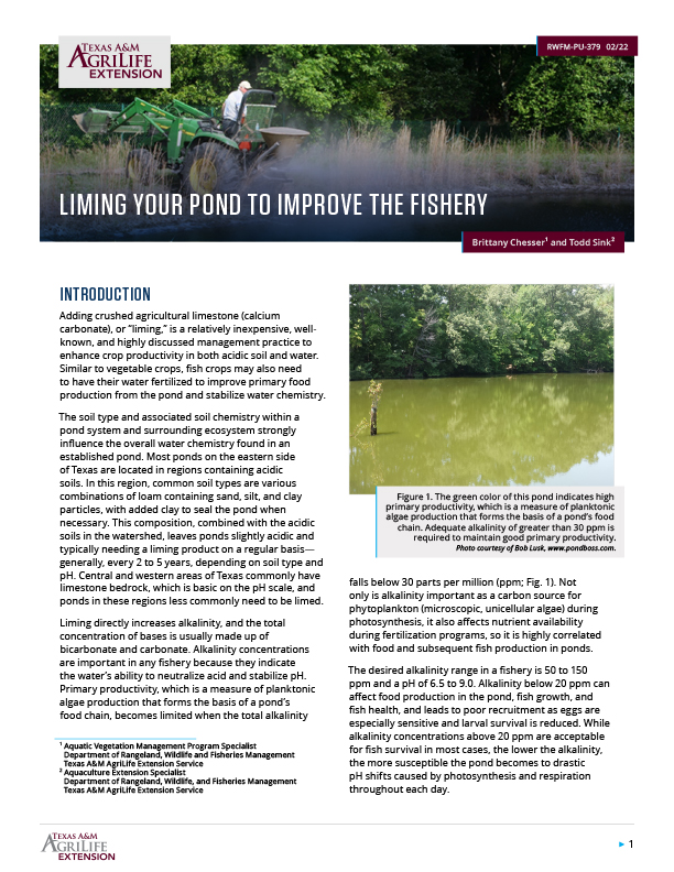 Liming Your Pond to Improve the Fishery Publications AgriLife Learn