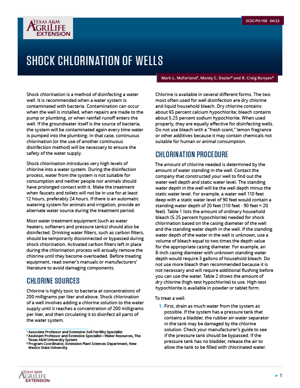 Shock Chlorination of Wells Publications AgriLife Learn