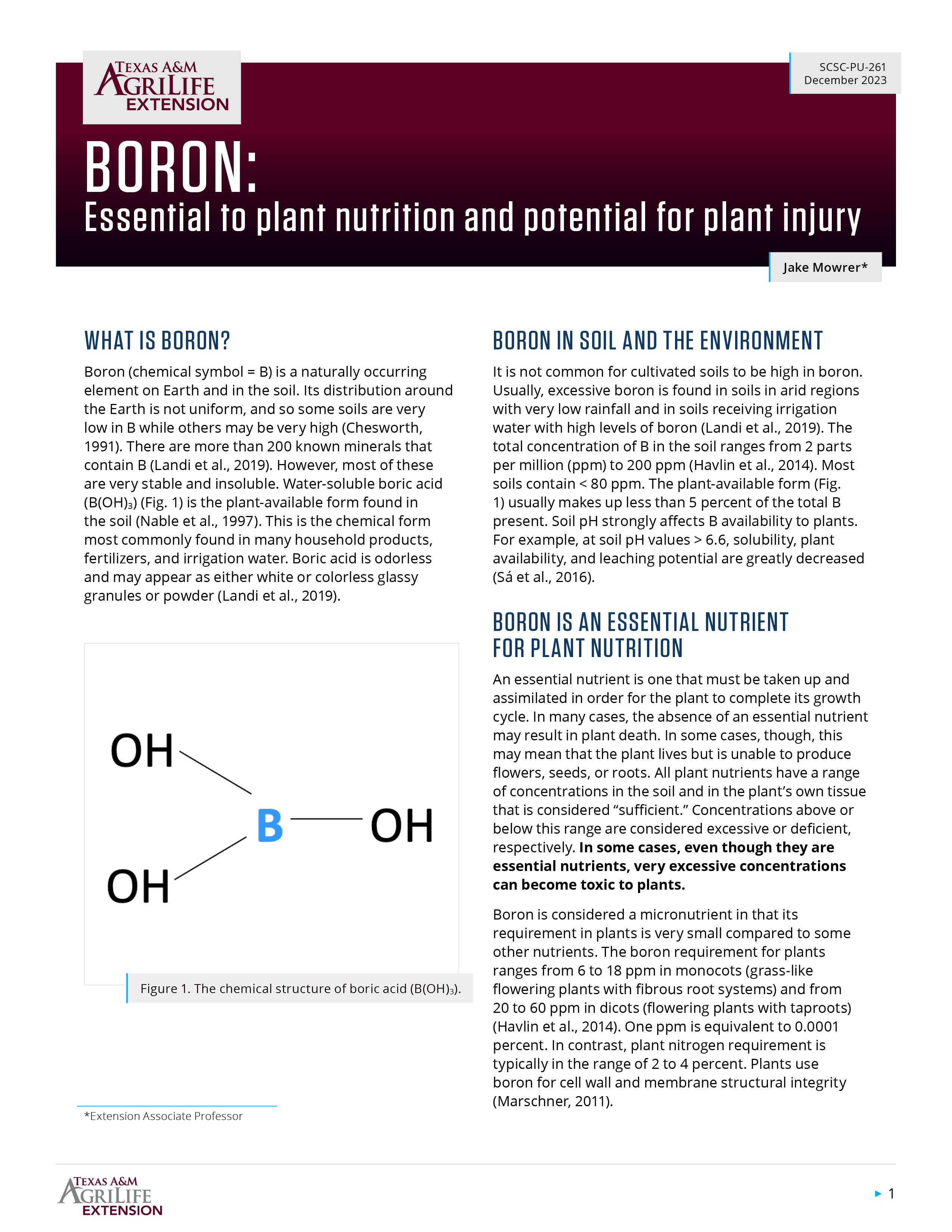 Boron Essential to Plant Nutrition and Potential for Plant Injury